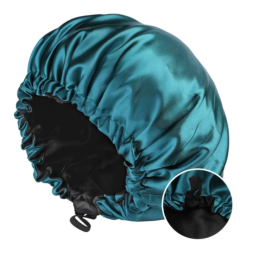 Adjustable Double Layer Satin Bonnet - Solid Black Lining, Doubleside Nightcap, Round Shower Caps for Women, Night Sleep Polyester Hat