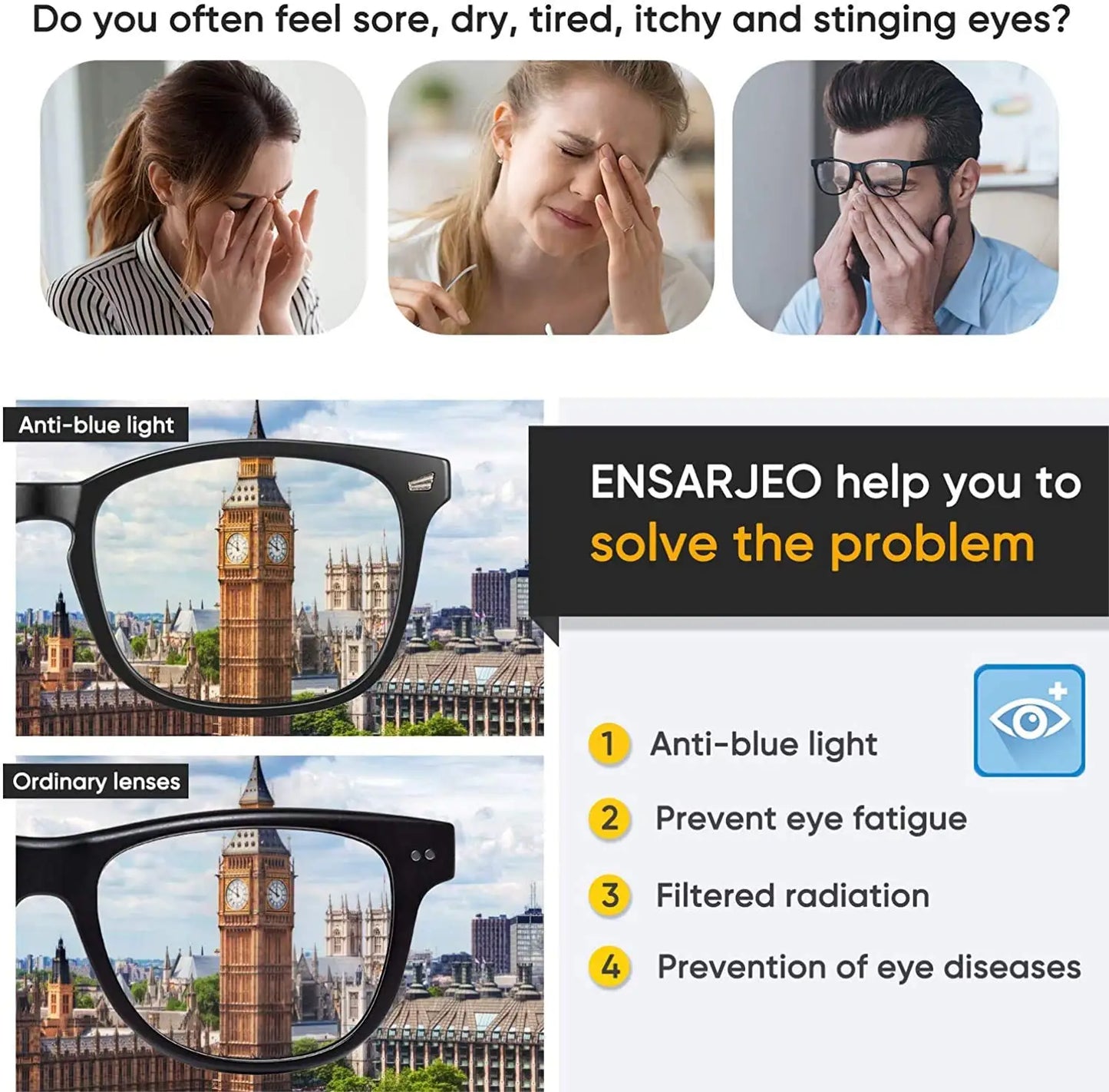 Blue Light Blocking Glasses - Square Nerd Frame, Anti-Blue Ray Eyeglasses for Computer and Gaming