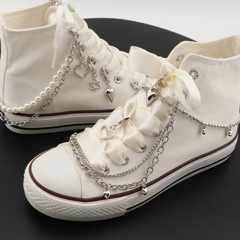 Sweet Cool Stainless Steel Shoe Decorations: Hollow Star Love Pendant Pearl Double Layer Bling Rhinestone Shoe Chain Croc Charms