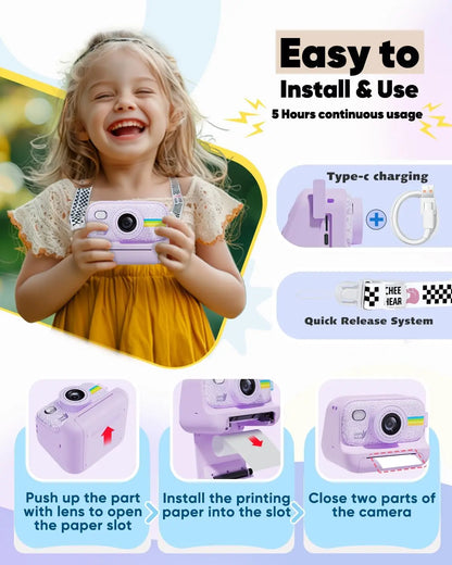 Kids Instant Print Camera with 2.0 Inch Screen | Christmas & Birthday Gifts for Girls Age 3-12 | Toddler Toy Camera