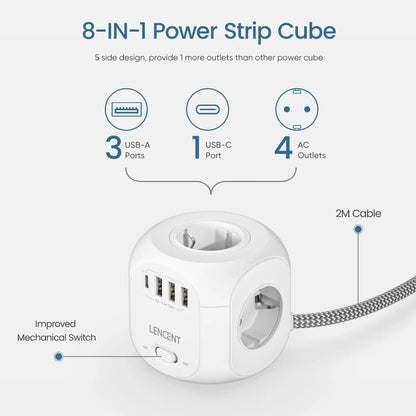 LENCENT 4-Outlet EU Plug Power Strip Cube: 3 USB Ports, 1 Type C, 3M Braided Cable - Multi-Socket with Switch for Home Convenience