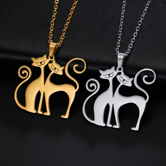 Crouching Cat Pendant Necklace - Stainless Steel, Cute and Fun Animal Design, Perfect Valentine's Day Jewelry Gift for Couples