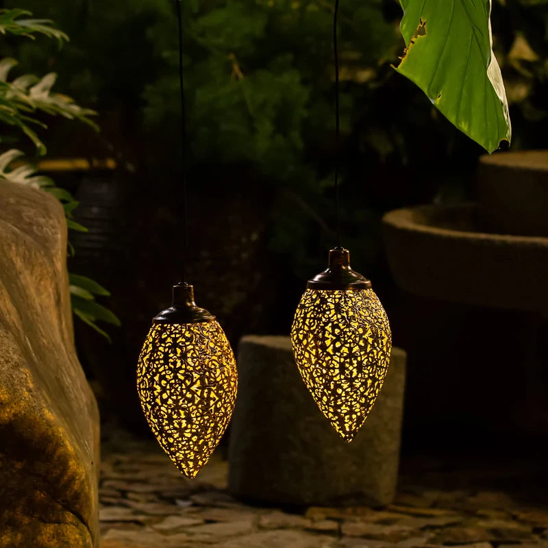 Hanging Solar Water Drop Lights - LED Garden Lights with Metal Hollowed-Out Design, Waterproof Outdoor Decoration