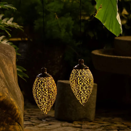 Hanging Solar Water Drop Lights - LED Garden Lights with Metal Hollowed-Out Design, Waterproof Outdoor Decoration