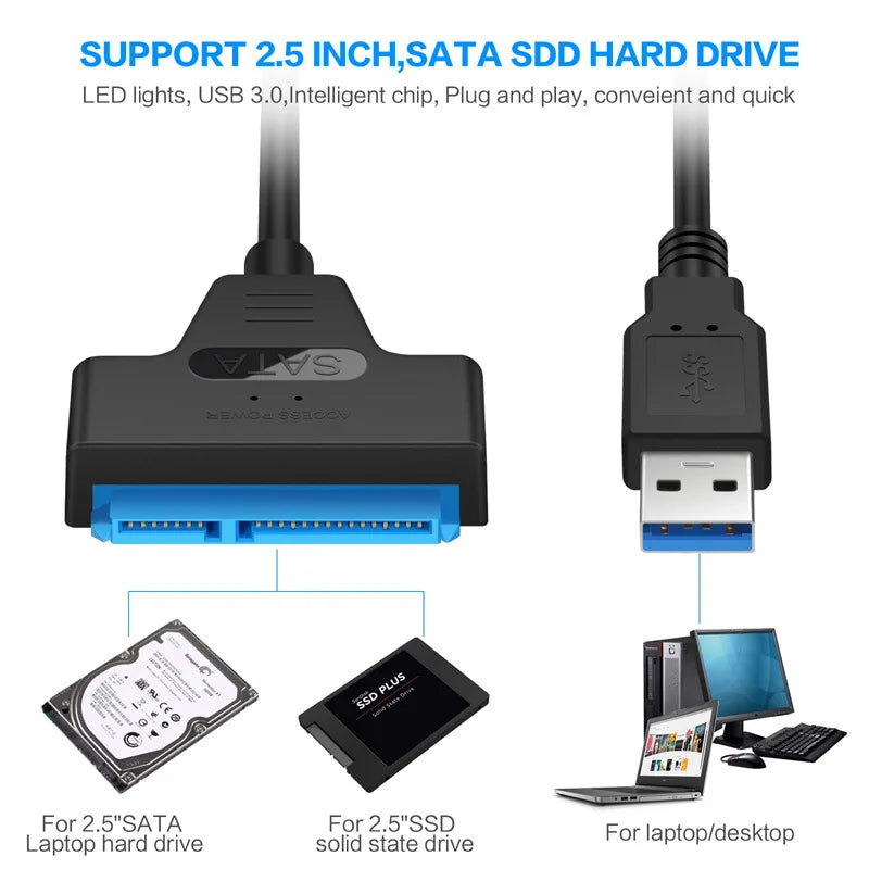 SATA to USB 3.0/2.0 Cable Adapter – 6 Gbps Transfer Speed for 2.5 Inch HDD/SSD – SATA 3 22 Pin to USB 3.0 Cord