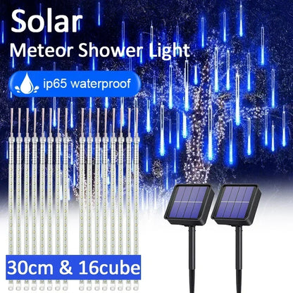 Solar Meteor Shower Rain String Lights - Waterproof Garden Light with 8 Tubes for Christmas Tree, Holiday Parties, Weddings, and Decorations