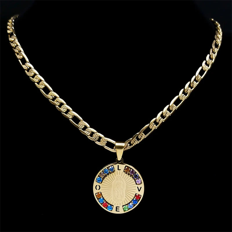 Virgin Mary Love Necklace – Colorful Crystal, Stainless Steel Gold Color with Our Lady of Guadalupe Pendant – Jewelry for Women and Men, N8389S05