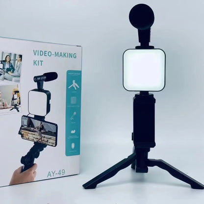 AY49 Smartphone Vlogging Kit - Tripod, Phone Holder, Mini Microphone, LED Fill Light for TikTok, YouTube Live Stream