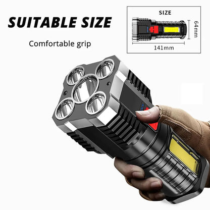 5LED Rechargeable Camping Spotlight | High Power LED Flashlight with Side Light | 3 Lighting Modes for Outdoor Adventures