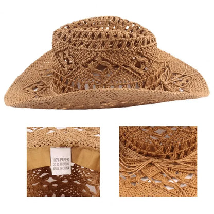 Classic Vintage Straw Western Cowboy Hat - Unisex Hollow Out Design with Wide Brim, Sun Protection Fishing and Climbing Cap