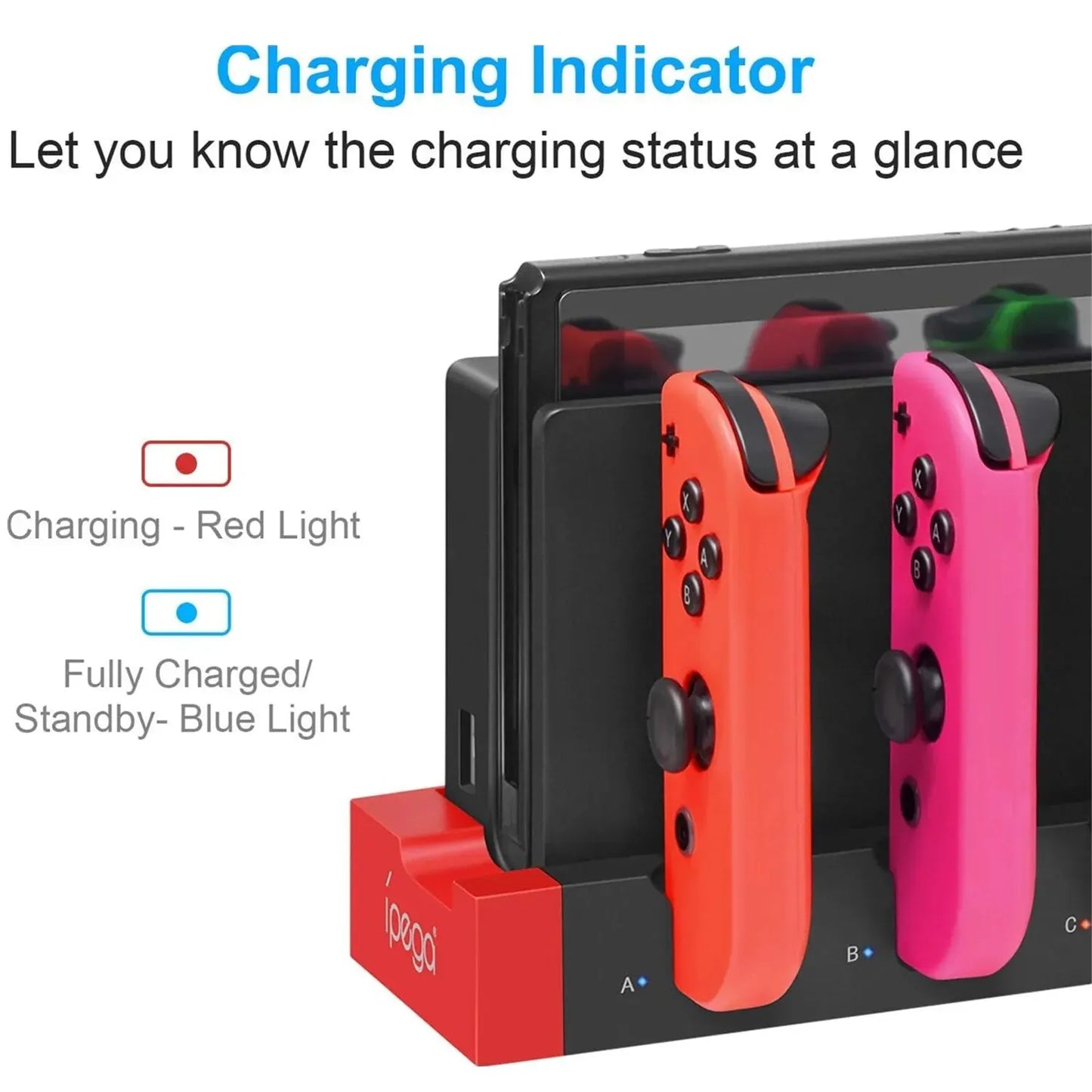 IPEGA PG-9186 Joycon Charging Dock Station for Switch and OLED, Charges Up to 4 Controllers, Compatible with Switch and OLED Model