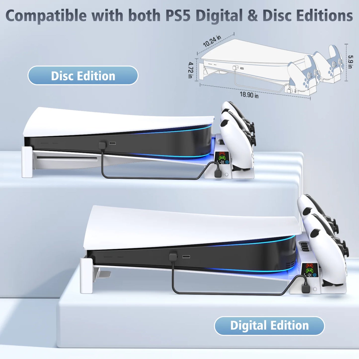 OIVO PS5 Console Horizontal Cooling Stand: Base Holder with Controller Charger for Playstation 5 Disc & Digital Editions