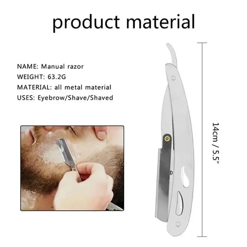 Men's Professional Barber Razor – Stainless Steel Straight Edge Manual Shaver, Folding Design with Blade