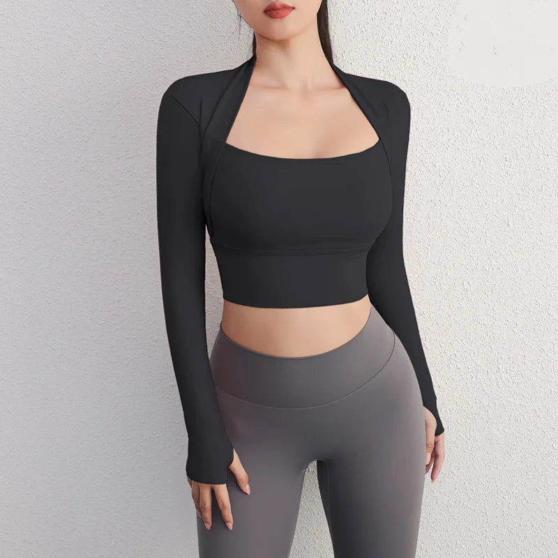 Aiithuug Long Sleeve Padded Yoga Crop Tops - Low Cut Gym Shirts with Insert Pads, Slim Fit Workout Gym Tops for Sexy Sports