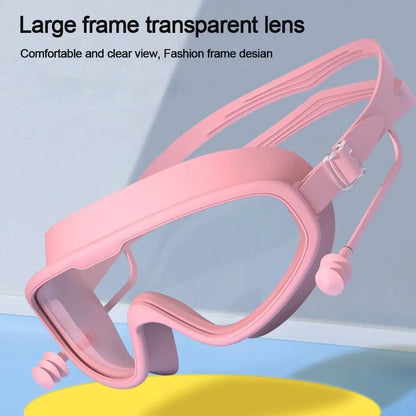 Kids Big Frame Swimming Goggles with Earplugs - Anti-fog Children's Glasses for Pool and Beach - Boys & Girls Eyewear