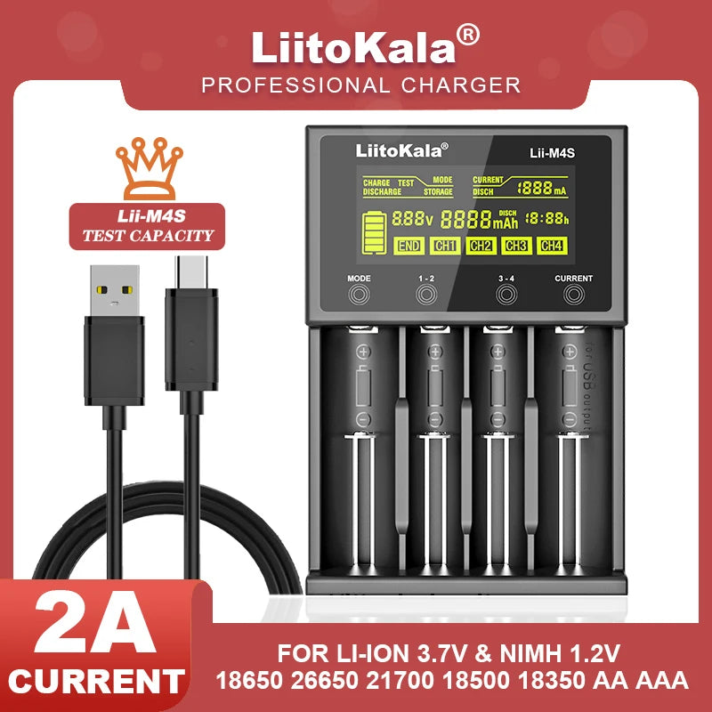 LiitoKala Lii-M4S Lii-M4 Rechargeable Battery Charger: 3.7V Lithium-ion & 1.2V Ni-MH AA Capacity Tester for 18650, 26650, 21700, 18500 Batteries