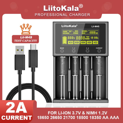 LiitoKala Lii-M4S Lii-M4 Rechargeable Battery Charger: 3.7V Lithium-ion & 1.2V Ni-MH AA Capacity Tester for 18650, 26650, 21700, 18500 Batteries