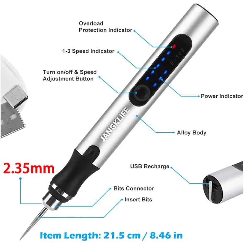 USB Cordless Rotary Tool Kit | Woodworking Engraving Pen for Jewelry, Metal, Glass | Mini Wireless Drill