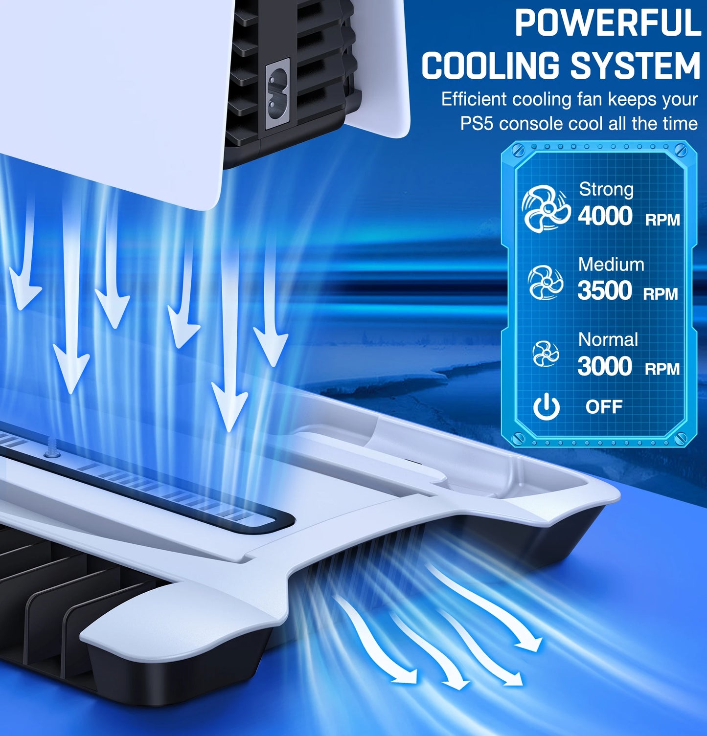 3 Mode LED Cooling Fan for PS5 Vertical Stand: 2 Controller Charging Dock with 13 Game Slot for Sony Playstation 5 Disc/Digital