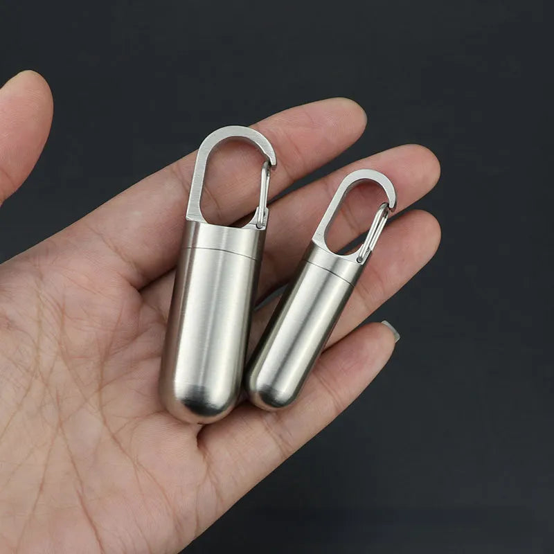 Portable Mini Stainless Steel Sealed Capsule Pill Box - Waterproof First Aid Pendant for Camping Travel - Outdoor Pill Case