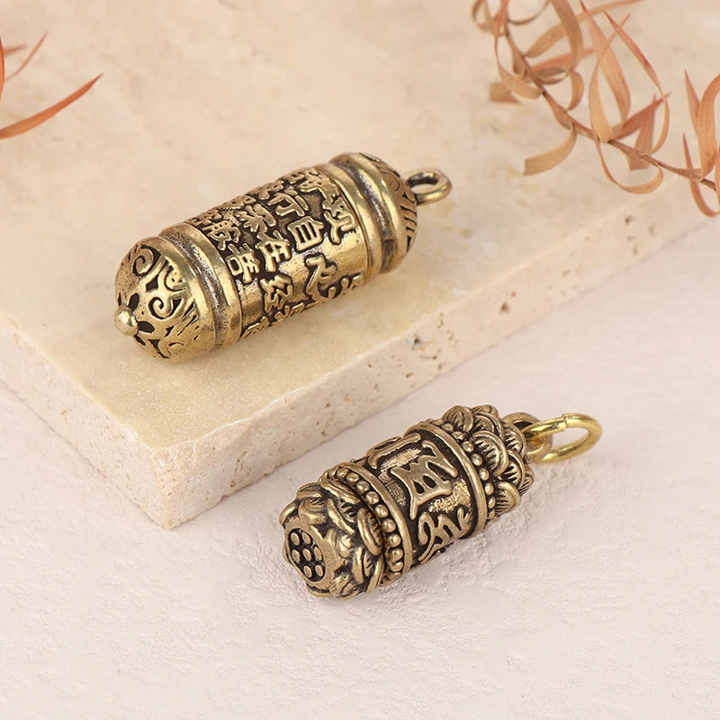 Vintage Hollow Brass Buddha Sutra Cylinder Pendant – Handmade Keychain Pill Box Container