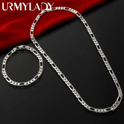 Noble 925 Sterling Silver 4MM Chain Bracelet & Necklace Set - Unisex Jewelry for Christmas Gifts, Charms, and Weddings