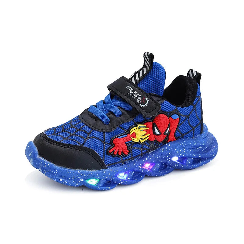 Disney LED Casual Sneakers – Red & Black Spiderman Mesh Outdoor Shoes for Boys, Lighted & Non-Slip, Sizes 21-30