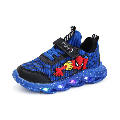 Disney LED Casual Sneakers – Red & Black Spiderman Mesh Outdoor Shoes for Boys, Lighted & Non-Slip, Sizes 21-30