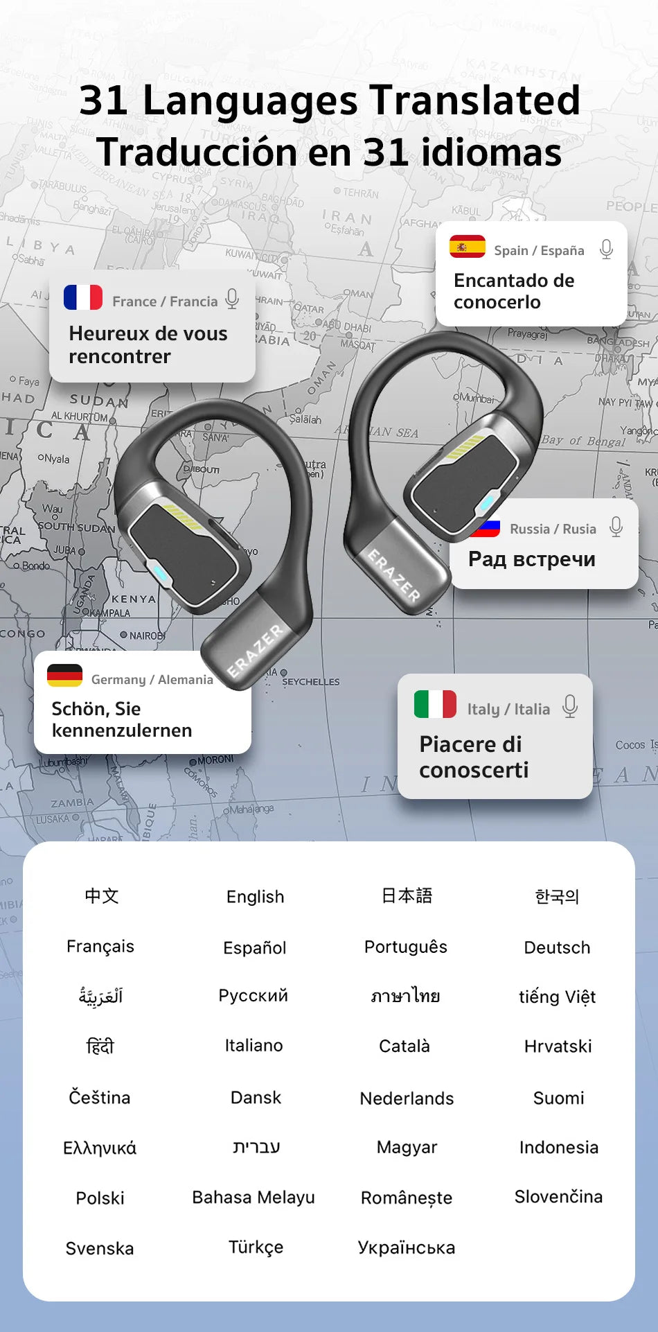 AI Translator Earphones - Erazer XP6 Bluetooth, Sleep ASMR Headset with DIY Equalizer, Wireless Headphones for Office and Travel