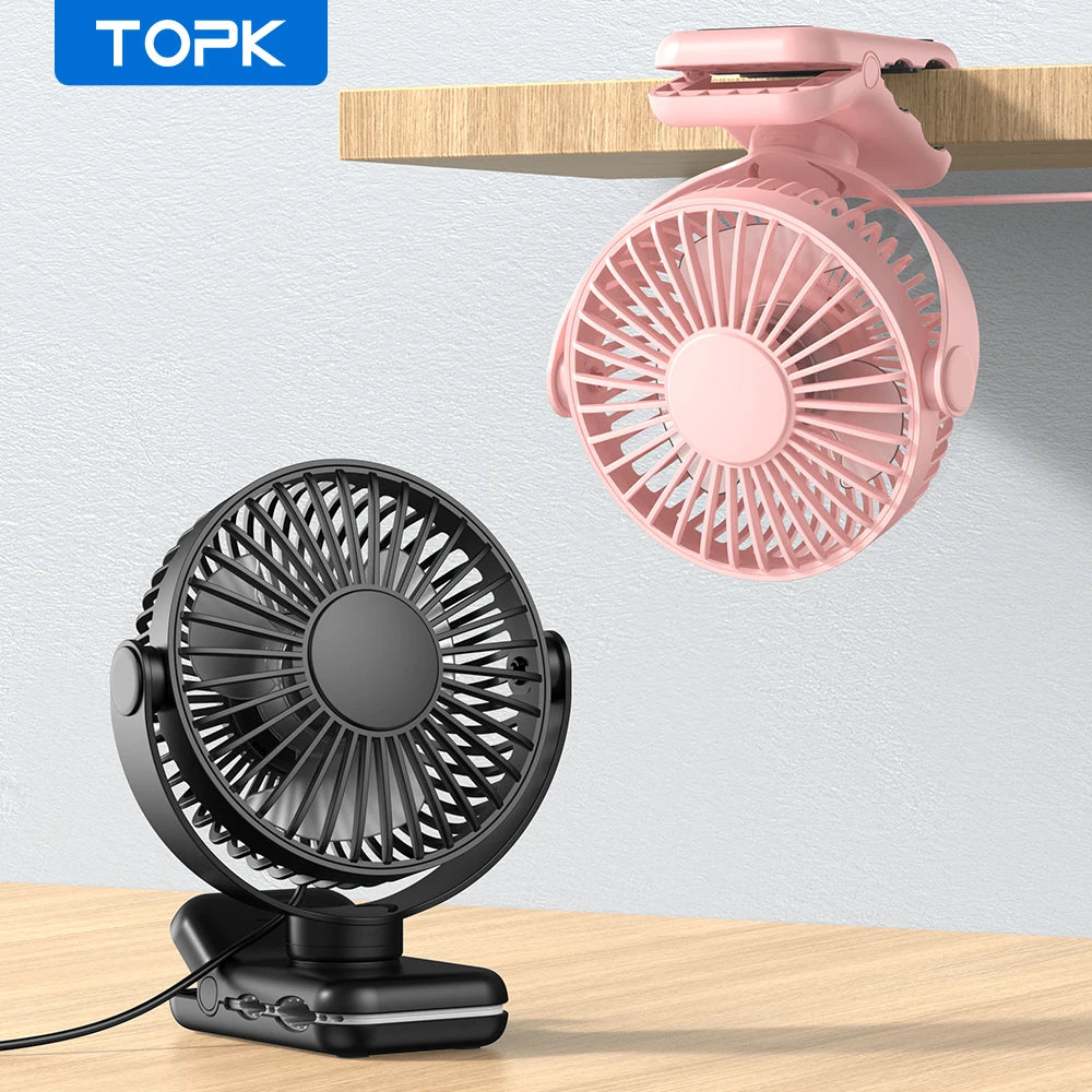 TOPK Mini Portable Clip-On Fan – USB Desk Fan with 3 Speeds, Quiet Wind, 720° Rotate, Personal Electric Fan for Home