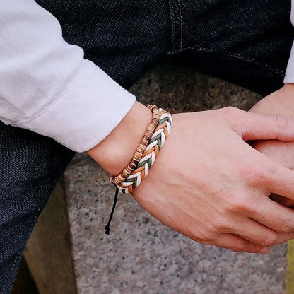 2024 2Pcs Men's Bracelet Set - Natural Wood and Volcanic Rock Beads with Tiger Eye Stones, Handmade Macrame Weave