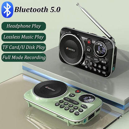 Portable Walkman FM Radio - Bluetooth 5.0 Speaker for the Elderly, MP3 Music Player with Recording and Headphone Support