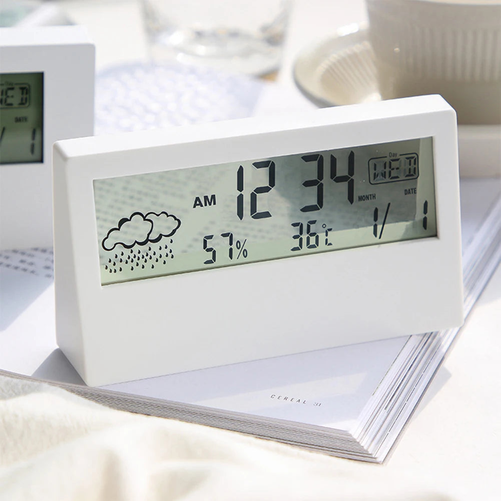 Thermo-Hygrometer Clock: Creative Weather Display Electronic Alarm Clock, Desktop Table Decor for Living Room & Bedroom