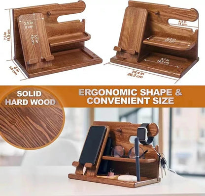 Wooden Bedside Phone Docking Station – Multifunctional Rack for Wallet, Watch, and Storage, Ideal for Valentine's Day