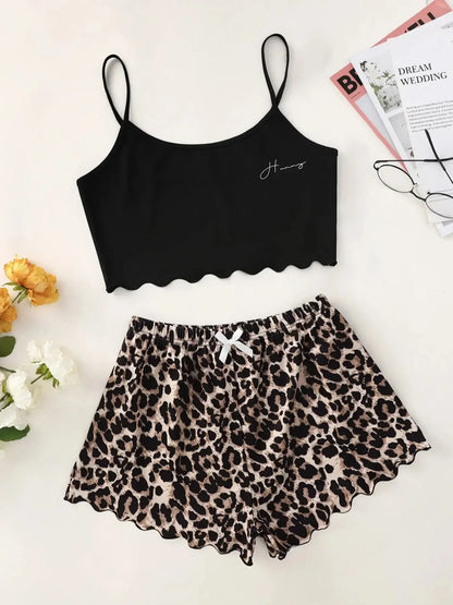 Women's Pajama Set - Sexy Leopard Print Lingerie, V-Neck Sleeveless Top and Shorts Sleepwear, Homewear