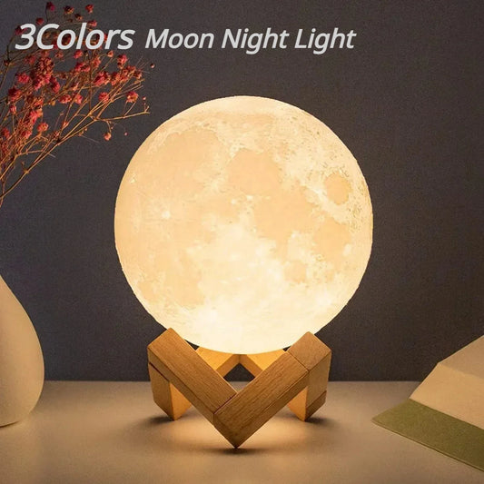 8cm Moon Lamp LED Night Light – Battery Powered with Stand, Starry Bedroom Decor and Kids Gift