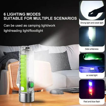 Compact USB-C Rechargeable LED Flashlight with Tail Magnet & UV Light - Multifunction Mini Keychain Torch for Camping