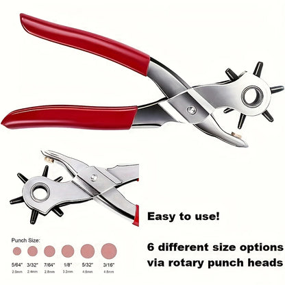 Heavy Duty Leather Hole Punch: 9" Belt Hole Puncher with 6 Size Revolving Hand Tool