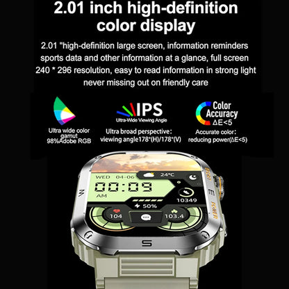 Rugged Military Smart Watch – IP68 Waterproof, 2.01'' HD Display, Bluetooth & Voice Features, Compatible with Android, iOS, Xiaomi