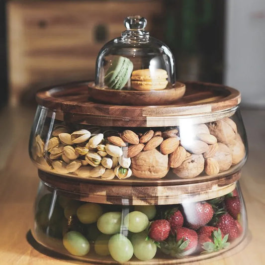 Creative Glass Food Storage Containers with Wooden Lids - Kitchen Organizer for Snacks, Fruits, Nuts, and Sundries