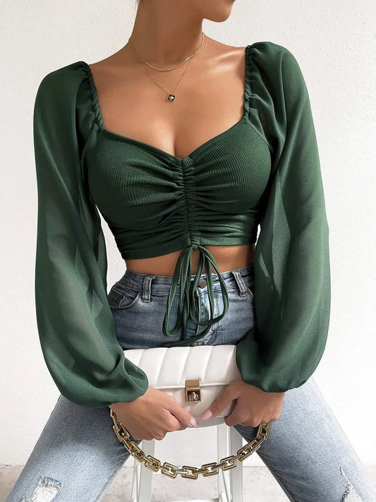 Fashion Forward: Women's Puff Sleeve Lace-Up V-Neck Top - Sexy Close-Fitting Summer/Spring Fashion, Solid Color Long Sleeve