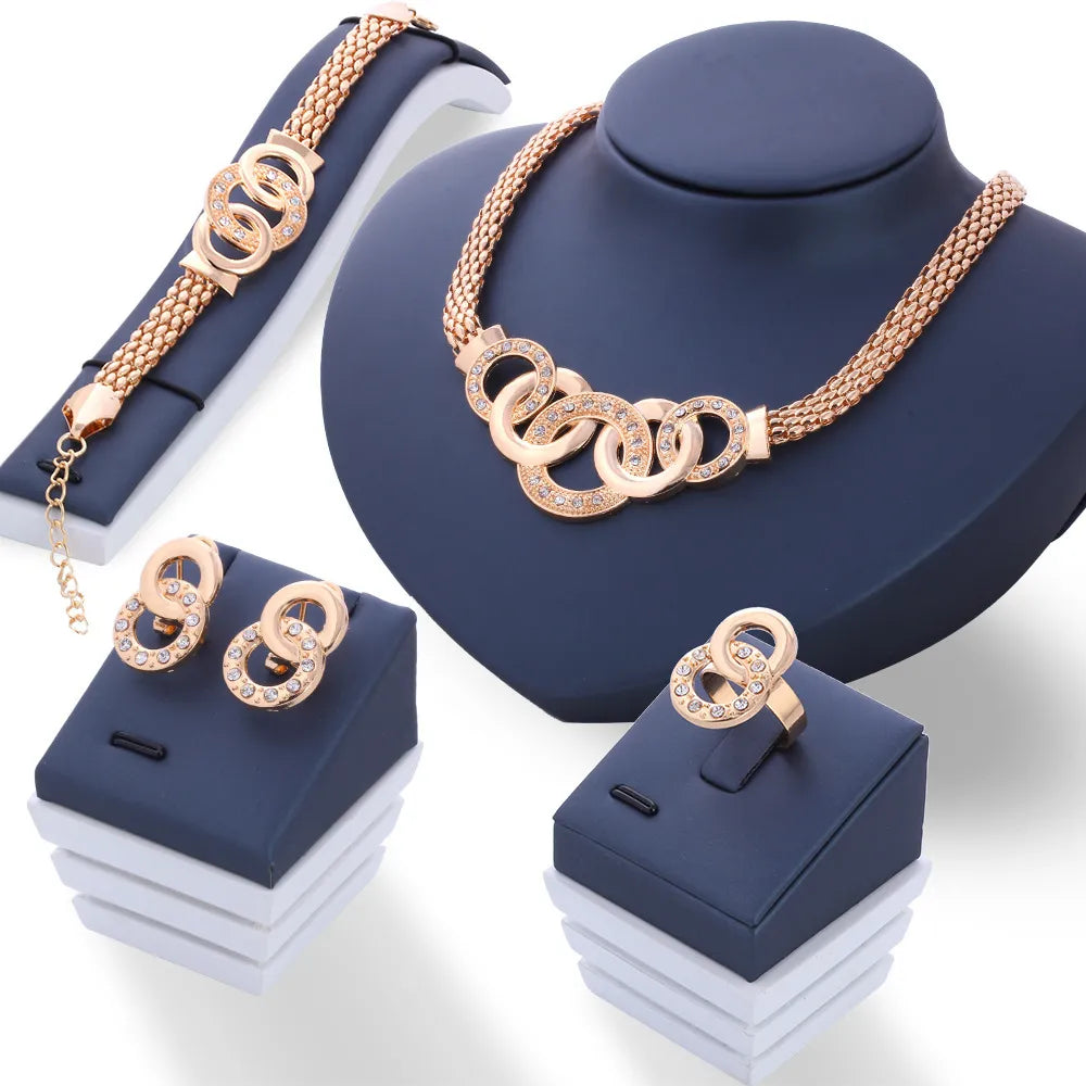 European and American Fashion Five-Ring Jewelry Set - Retro Bride Necklace, Earrings, Bracelet, and Ring Gift Set