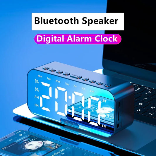 LED Digital Alarm Clock with Bluetooth Speaker - Mirror Screen, Temperature Display, FM Radio, Ideal for Bedroom and Office Decor