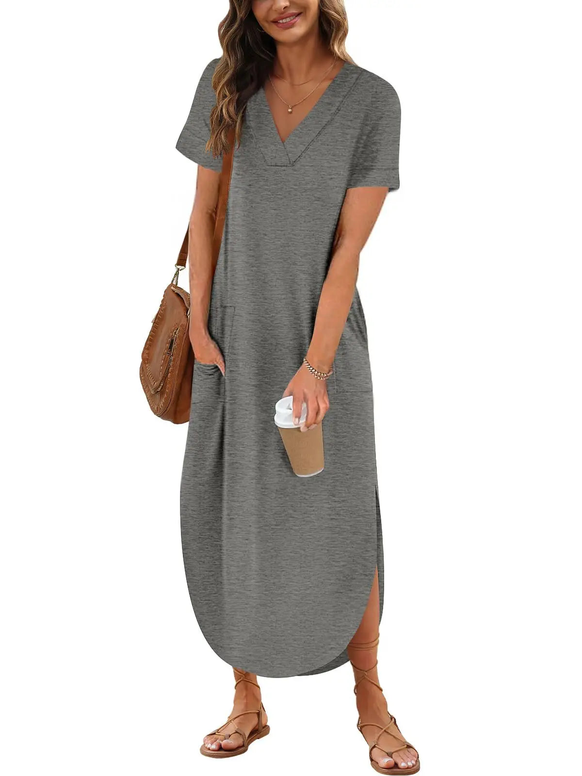 Summer Elegant Women's Cotton Linen Dress - Solid Color, Short Sleeve V-Neck, Comfortable Loose Fit with Pockets, Long Ladies Dress