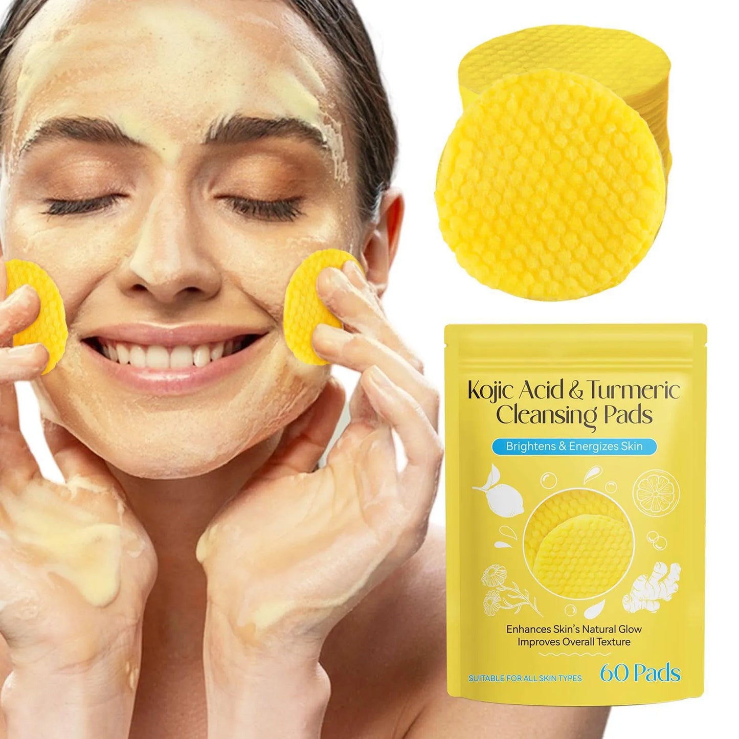 60/120pcs Kojic Acid and Turmeric Cleansing Pads - Deep Cleansing Face and Body Sponge for Smooth, Glowing Skin