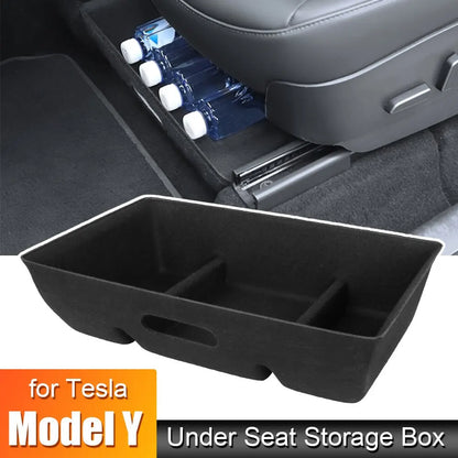 Tesla Model Y High-Capacity Organizer Case: Felt Cloth Drawer Holder Under Seat Hidden Storage Box - Black