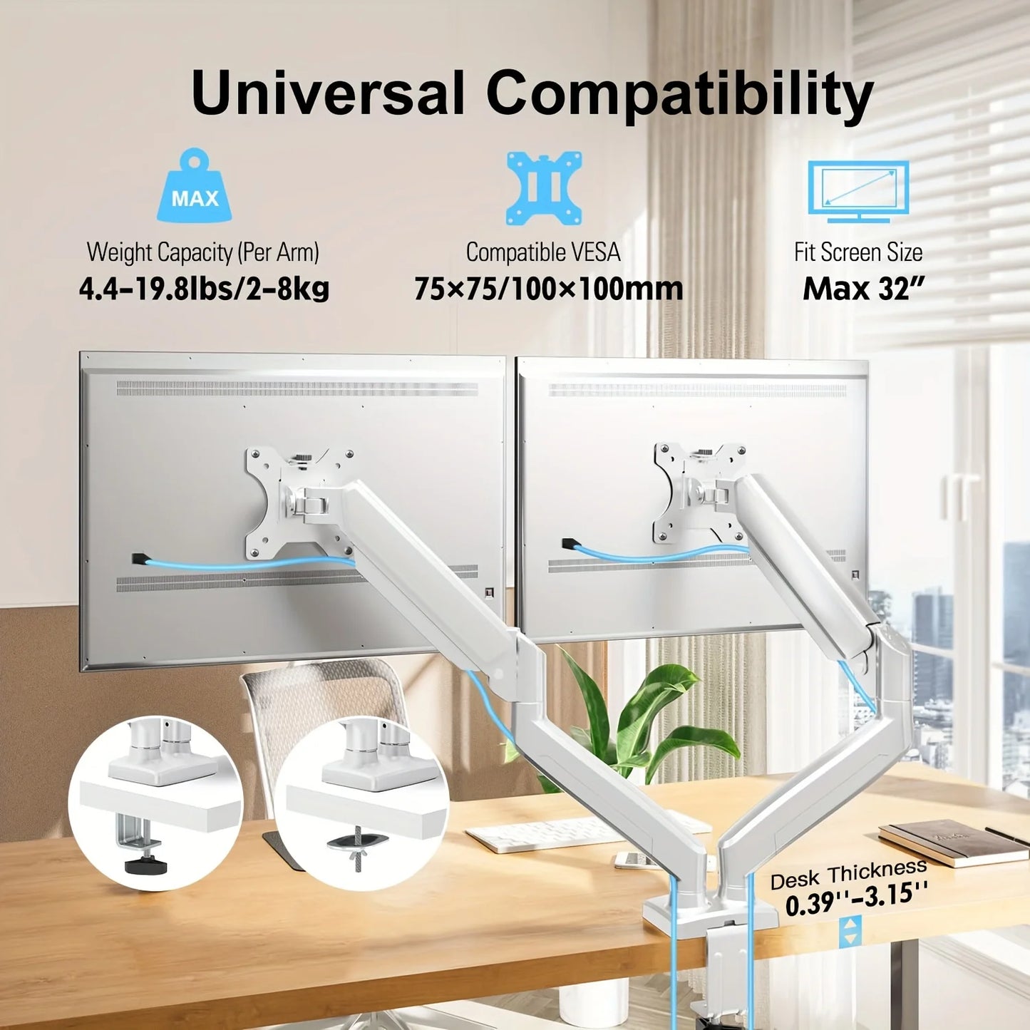 Adjustable Gas Spring Dual Monitor Stand for 13-32 inch Screens - Full Motion Dual Monitor Mount Arm