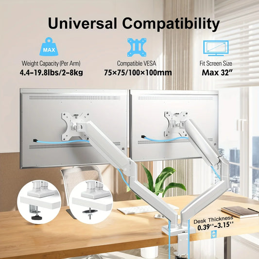 Adjustable Gas Spring Dual Monitor Stand for 13-32 inch Screens - Full Motion Dual Monitor Mount Arm