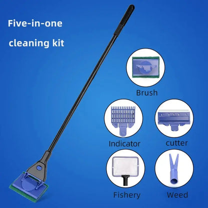 Fish Tank Glass Cleaning Brush: Long Handle Five-in-One Aquarium Tool for Algae Scraping, Aquatic Grass Clipping, and Cleaning