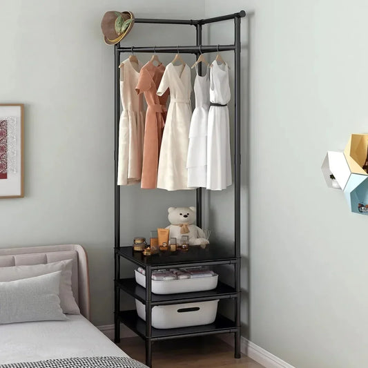 2 in 1 Corner Clothes Rack and Nightstand Organizer – Coat Stand, Storage Shelf, Bedroom Clothing Rack